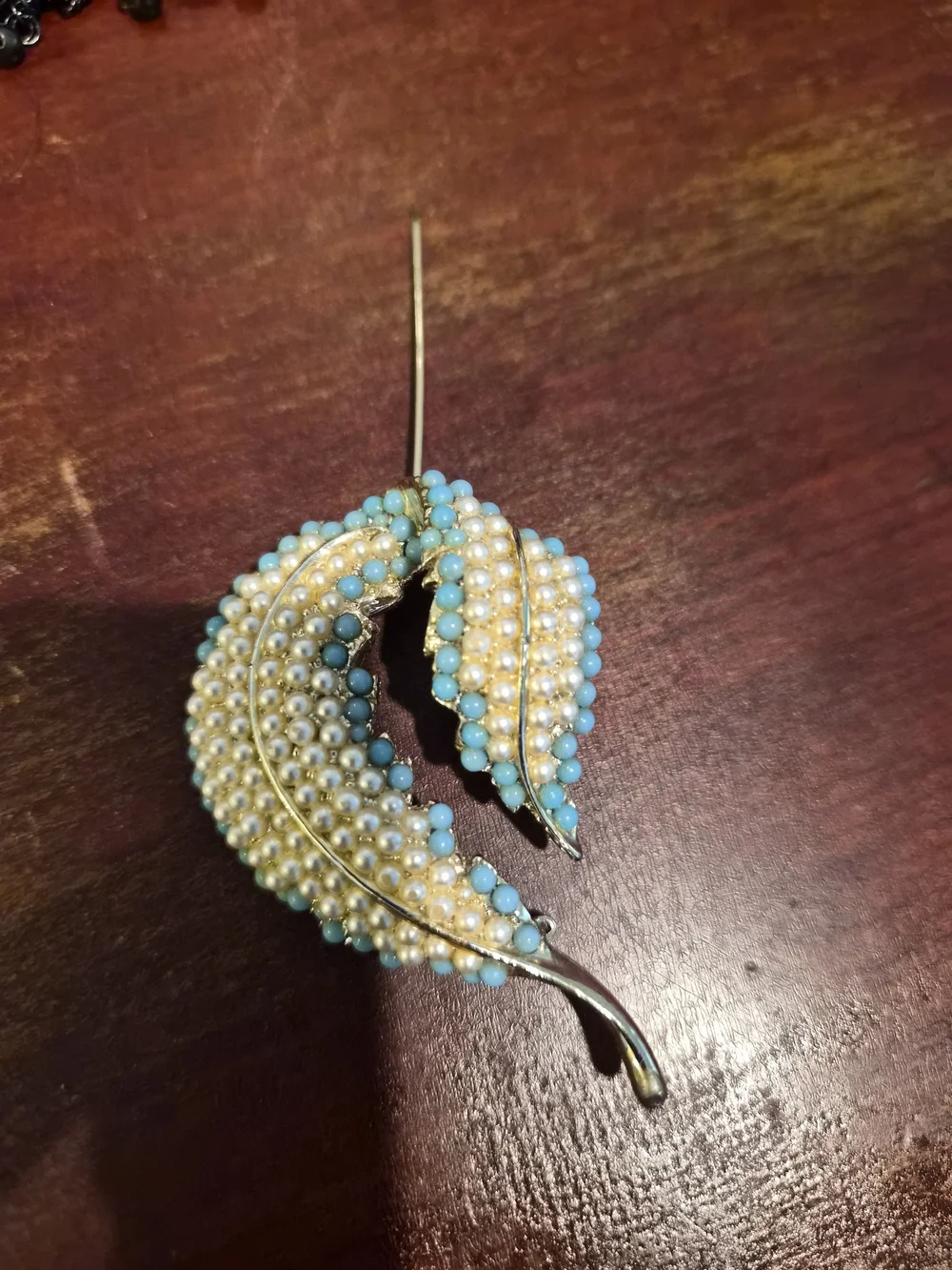 Vintage B.S.K. Faux Pearl & Turquoise Glass Leaf Brooch Pin | Mid-Century